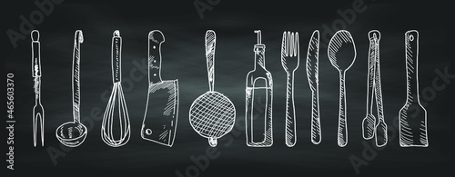 Hand drawn set of kitchen utensils on a chalkboard. Items, drawing.  Easily Editable Vector. EPS 10. 
