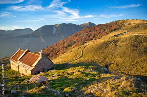 autumn landscape with farm hous on the Lessinia Plateau