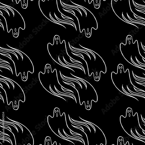 Ghosts seamless tile background pattern. Black halloween background.