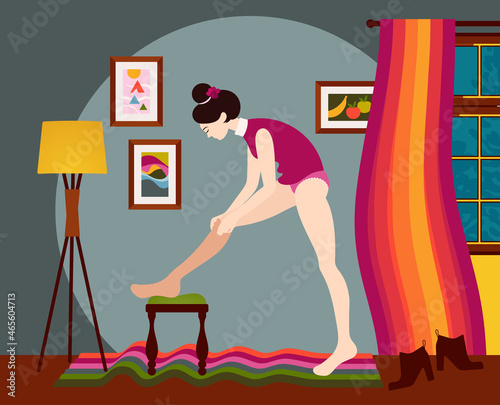 Side view of young dark-haired/Asian woman putting on pair of tights (pantyhose) and dressing up for night out, standing on carpet in cozy bedroom. Modern flat vector illustration.