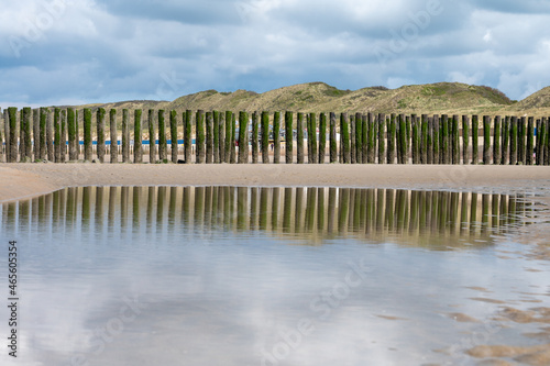 View on wooden poles at white sandy North sea beach near Zoutelande, Zeeland, Netherlands