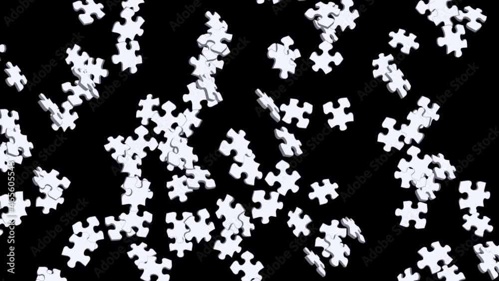 Many white puzzle pieces floating in air on black background. Business success and solution concept. 3D loop animation.