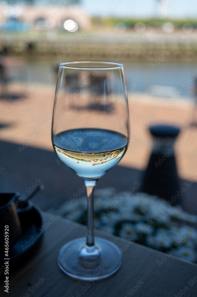 Obraz premium Glass of white wine served in cafe with view on harbour of Harlingen, vacation in Friesland, Netherlands