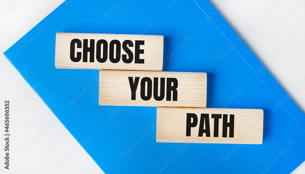 There is a blue notebook on a light gray background. Above are three wooden blocks with the words CHOOSE YOUR PATH There is a blue notebook on a light gray background. Above are three wooden blocks with the words CHOOSE YOUR PATH