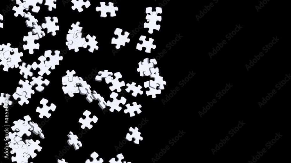 Many white puzzle pieces floating in air on black background. Business success and solution concept. 3D loop animation. Many white puzzle pieces floating in air on black background. Business success and solution concept. 3D loop animation.