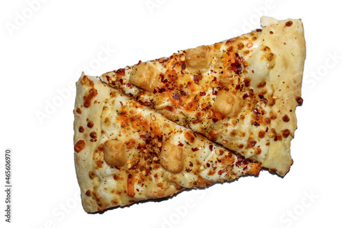 close up of two pizzas on white background