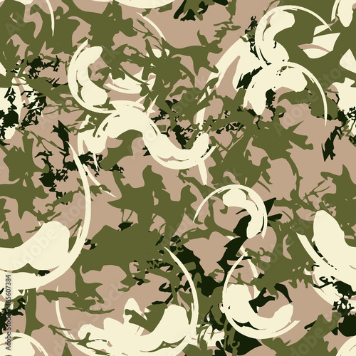 Forest camouflage of various shades of brown, beige and green colors