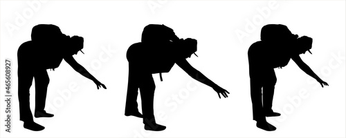 A woman in pants, with a backpack, in a cap. Three women pull their hands down with effort. Rescue operation. Lend a helping hand. Hiking. Black female silhouette isolated on white background.