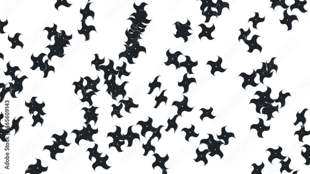 Many ninja shuriken throwing in air on white background. Japanese culture metal weapon. Martial art concept. Loop animation.