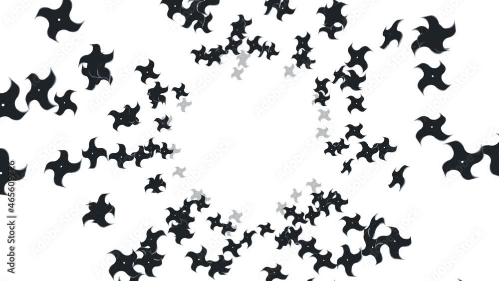 Many ninja shuriken throwing in air on white background. Japanese culture metal weapon. Martial art concept. Loop animation. Many ninja shuriken throwing in air on white background. Japanese culture metal weapon. Martial art concept. Loop animation.