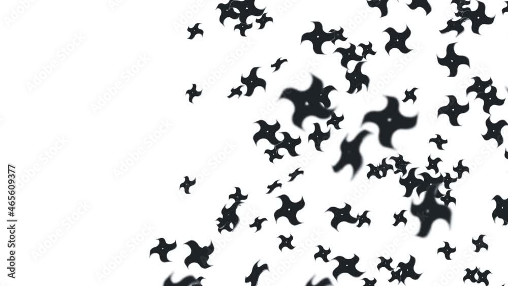 Many ninja shuriken throwing in air on white background. Japanese culture metal weapon. Martial art concept. Loop animation. Many ninja shuriken throwing in air on white background. Japanese culture metal weapon. Martial art concept. Loop animation.