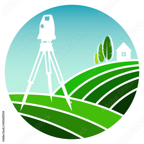Geodetic device and green fields. Sign for business engineer surveyor