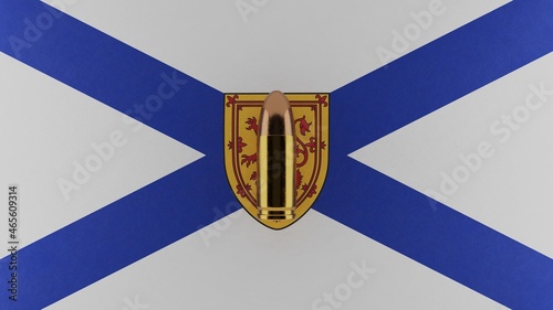Top down view of a 9mm bullet in the center and on top of the flag of Nova Scotia