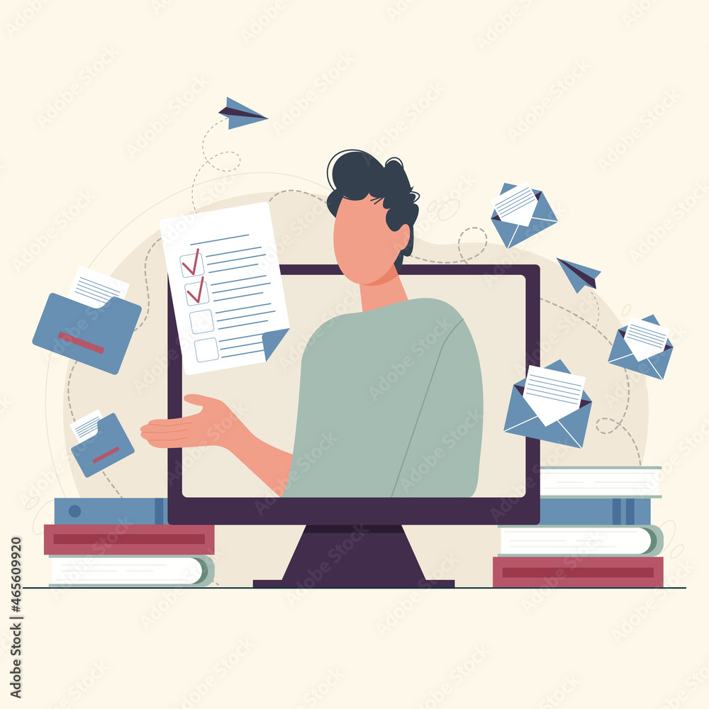 A man inside the screen checking and sending emails. Folders, files, letters in envelopes and task list with check marks hang in the air, books and monitor are on the table.