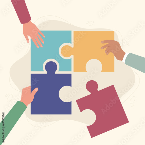 Group of people holding in hands a piece of jigsaw puzzles and putting them together. Cooperate and collaborate, teamwork and success concept design. Collect puzzles and parts connect.