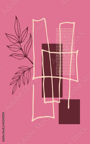 Poster design in abstract minimalist style with herbs and hand-drawn lines in dark pink colors. Modern concept template. Design for wall decor, cover print, flyer, brochure. Vector illustration