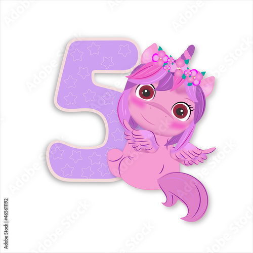 a pink unicorn is sitting with its back a lilac number five