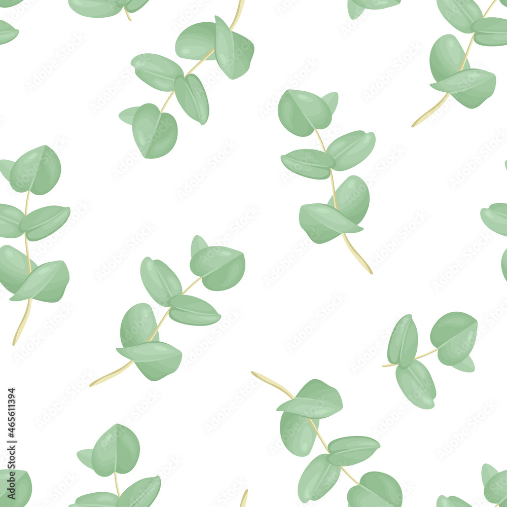 Eucalyptus leaves seamless pattern. Green branches of medicinal plant. Botanical background. Vector cartoon flat illustration.