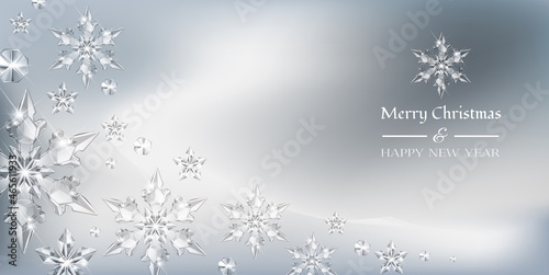  Vector Christmas background with realistic transparent glass snowflakes and decoration. Sparkling translucent crystals