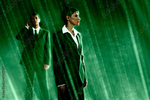 Business people with green data beams, cgi