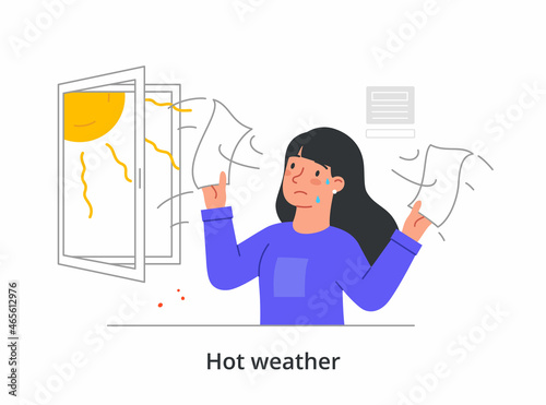 Woman works in heat concept. Employee opens window to cool air in office. Very hot weather. Sweating female character refreshes. Cartoon modern flat vector illustration isolated on white background