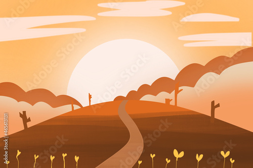 sunset on the hill autumn travel landscaper by illustration art design