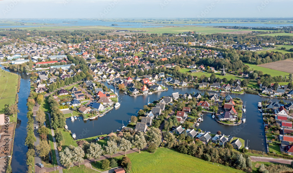 Aerial from the traditional village Koudum in Friesland Netherlands