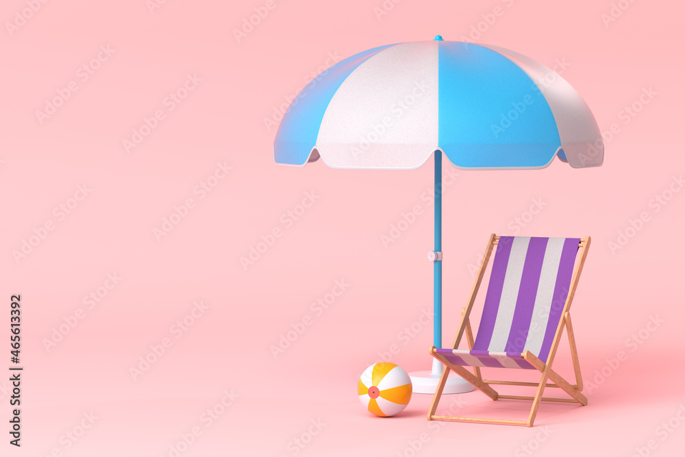 Beach chair with umbrella and beach ball on pink background. Beach chair with umbrella and beach ball on pink background.
