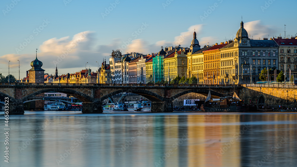 Prague's waterside by the Vltava river called Prazska naplavka in twilight. Prague's waterside by the Vltava river called Prazska naplavka in twilight.