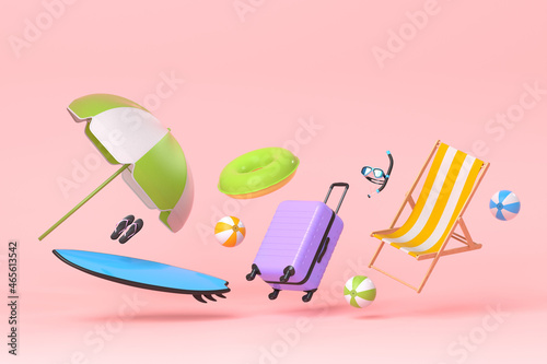 Suitcase with beach accessories like surf, umbrella and chair on pink background photo