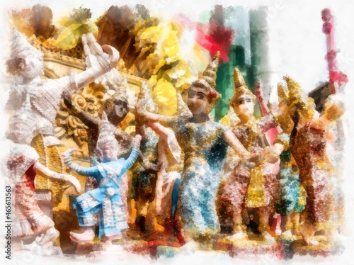 Dolls from traditional Thai dancers watercolor style illustration impressionist painting.