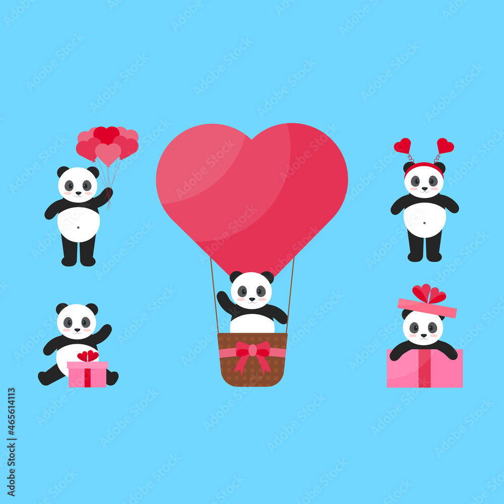 This is a set of pandas in different actions with hearts for valentines day isolated on a blue background.
