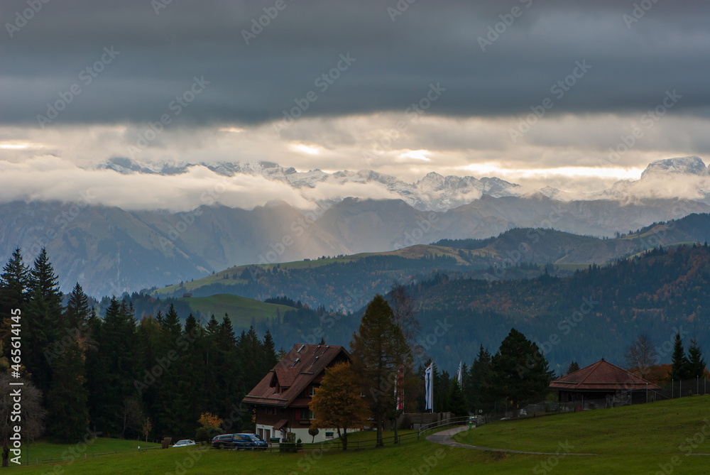 Beautiful view of mountain autumn landscape and cloudscape