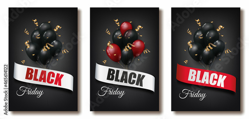 poster for the black friday sale. Black and red balloons with gold serpentine and sparkles on a dark background. Vector illustration, concept
