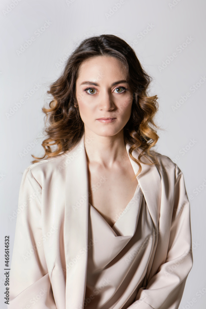 portrait of a smiling woman in profile. The caucasian face is covered with hair. The concept of skin care, natural cosmetics, Brazilian blowout, chemistry, painting with henna portrait of a smiling woman in profile. The caucasian face is covered with hair. The concept of skin care, natural cosmetics, Brazilian blowout, chemistry, painting with henna