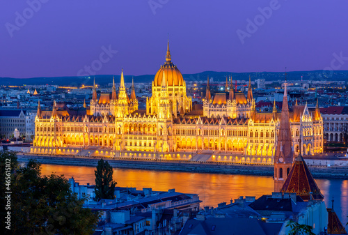 Hungarian Parliament building and Danube river at sunset, Budapest, Hungary