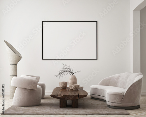 mock up poster frame in modern interior background, living room, Scandinavian style, 3D render, 3D illustration