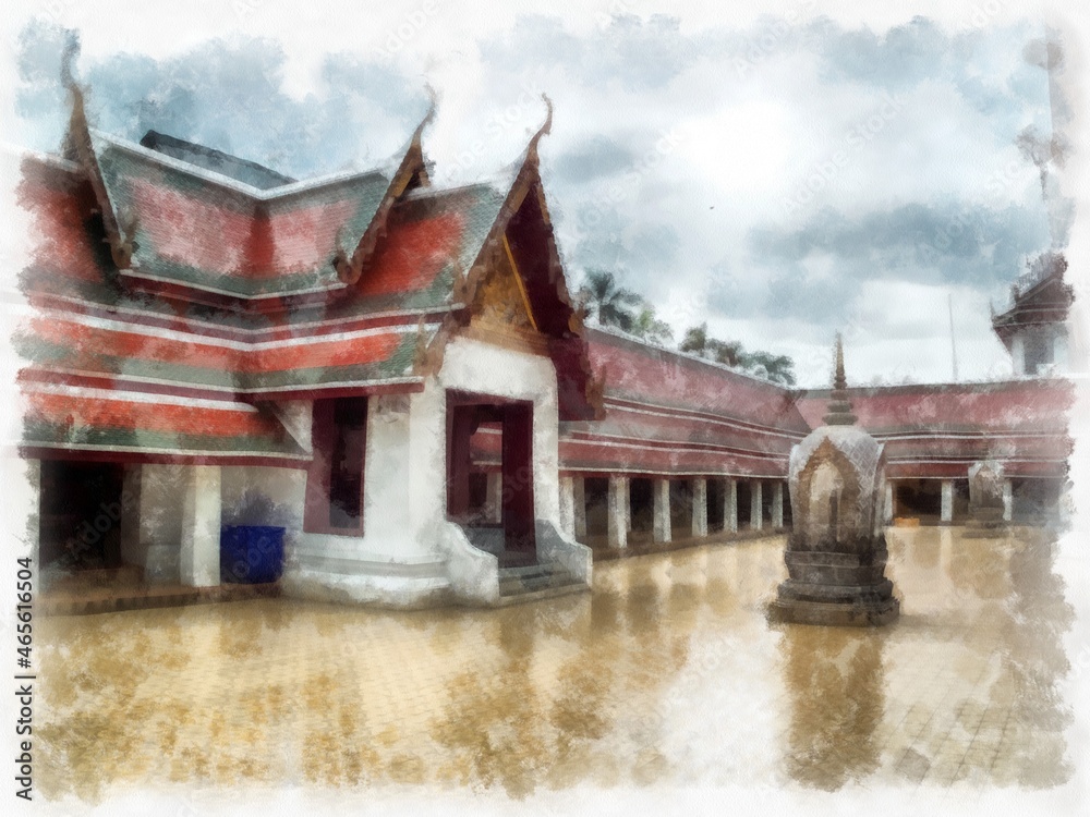 Ancient architecture of Thailand watercolor style illustration impressionist painting. Ancient architecture of Thailand watercolor style illustration impressionist painting.