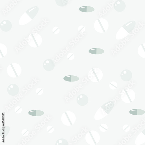Vector graphics - seamless monochrome pattern with pills  pills and capsules scattered on a light background. Concept - pharmacy packaging paper and prescription statement