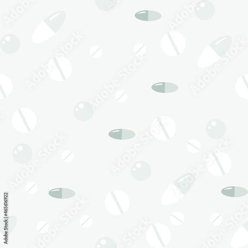 Vector graphics - seamless monochrome pattern with pills, pills and capsules scattered on a light background. Concept - pharmacy packaging paper and prescription statement