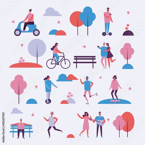 Concept of young people walking  running and jumping in the park. Stylish modern vector illustration card with happy male and female teenagers