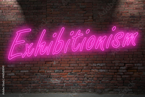 Neon exhibitionism (in german Exhibitionismus) lettering on Brick Wall at night