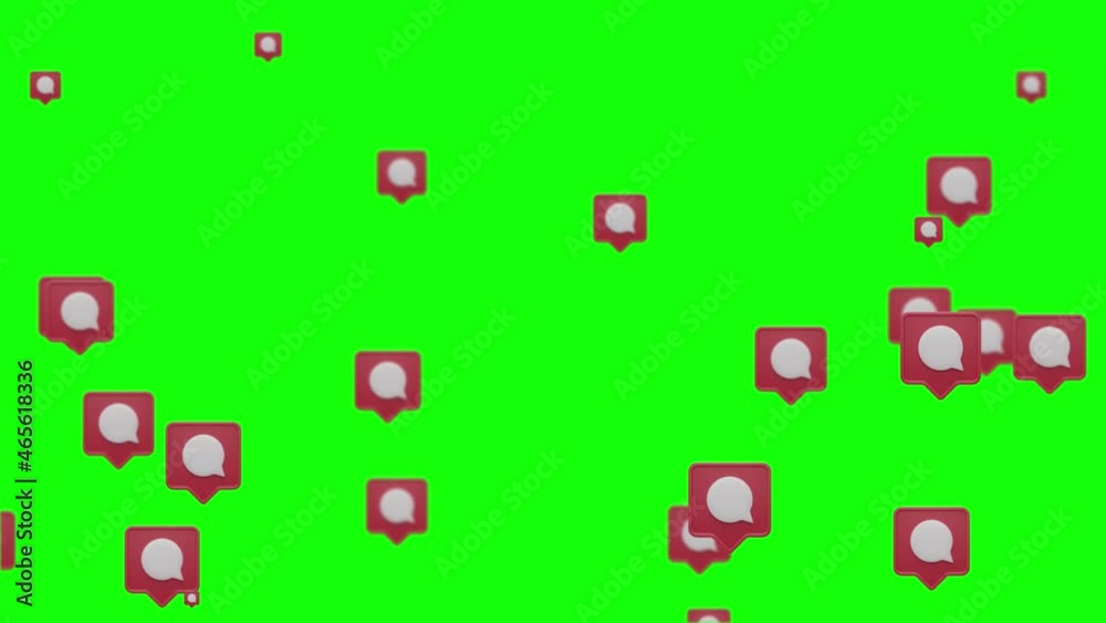 Loop animation of social media comment icons rising up on green screen with bokeh. 3D chat speech bubble sign motion graphic fit for communication, news, talk concept