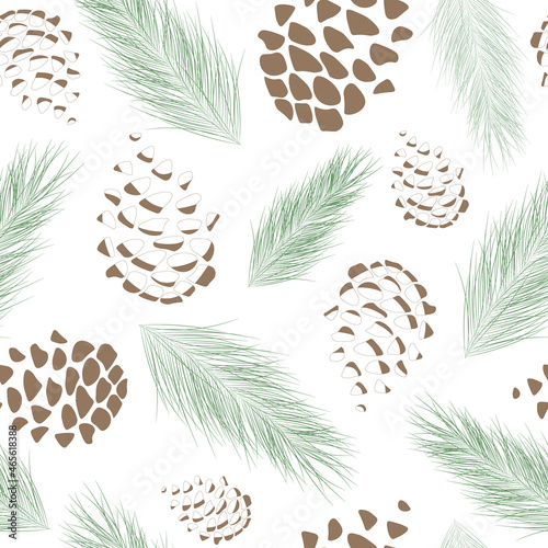 Pattern graphic pine branches with cones, seamless picture.