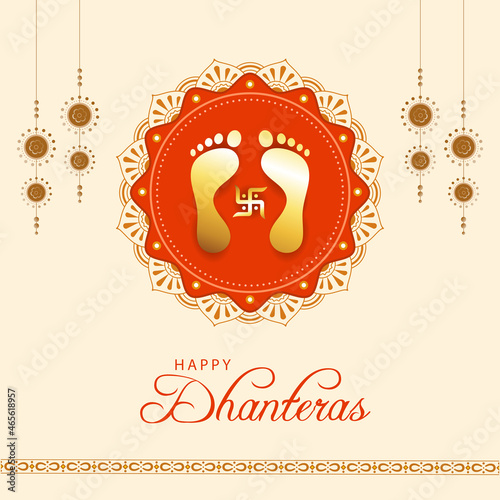Happy Dhanteras Festival Greeting with decorative elements and symbolic footprints of Goddess Maha Laxmi. Indian religious festival Dhanteras, Diwali celebration background.  photo