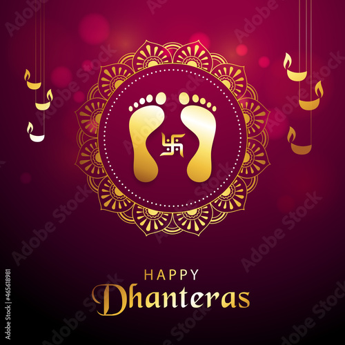 Happy Dhanteras Festival Greeting with decorative elements, dia oil lamp and symbolic footprints of Goddess Maha Laxmi. Indian religious festival Dhanteras, Diwali celebration background. 