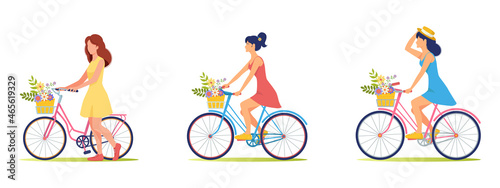 Beautiful girls in summer clothes, dresses ride bicycle with a basket of flowers. Summer walk, travel. Flowers, bicycle, sundress, hat. Girl is cyclist. Cute illustration in flat style	