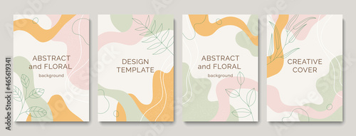 Abstract and floral background template. Contemporary collage with organic shapes and line in pastel colors. Vector Illustration for cover, banner, brochure, poster, flyer and other.