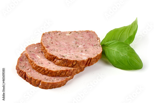 Baked meatloaf slices, isolated on white background.