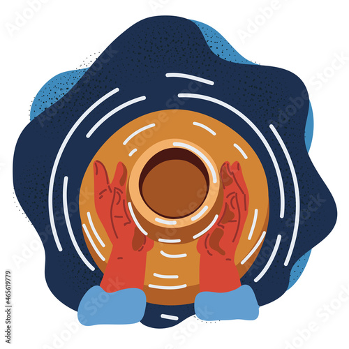 traditional pottery making, hands shaping a bowl on the spinning wheel by red clay; hand drawn vector illustration in sketch style of process making crockery, earthenware